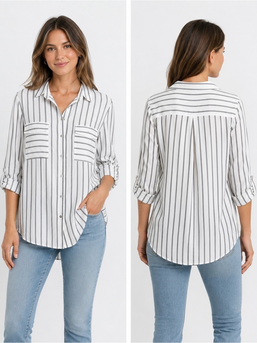 Zara White Button-Down Shirt with Black Stripes